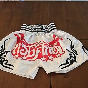 White and Red Muay Thai Large Boxing Shorts with Tribal Designs